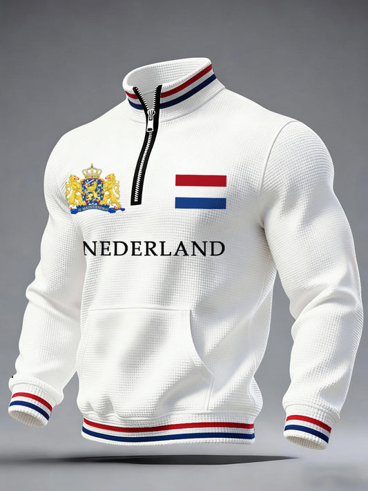 Heren Nederland Vlag Print Casual Waffle Sweatshirt