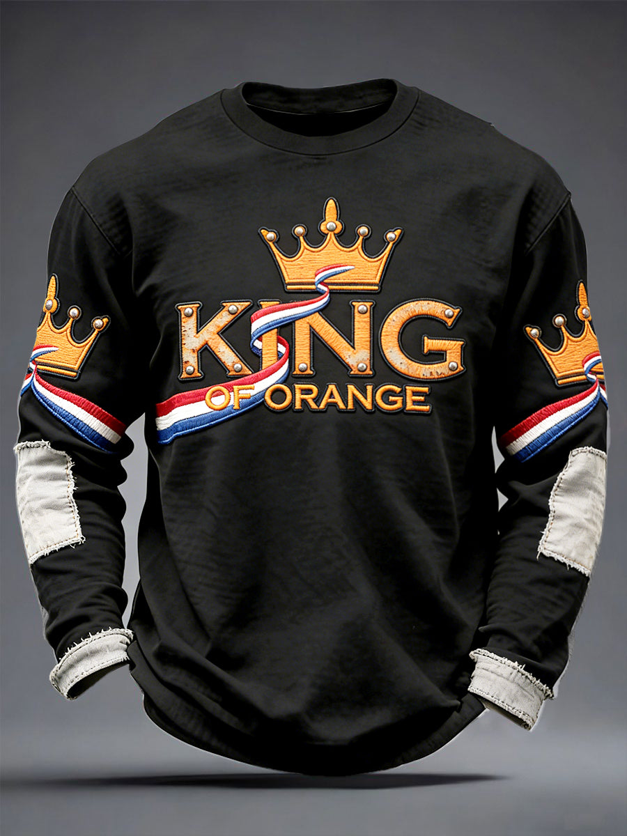 Men's Dutch King's Day Patchwork Print Black Casual Long-Sleeved T-Shirt