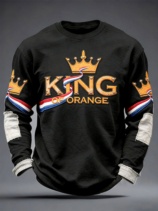 Men's Dutch King's Day Patchwork Print Black Casual Long-Sleeved T-Shirt