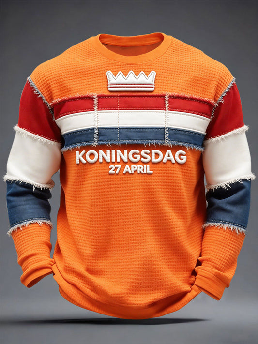 Heren Nederlandse Koningsdag 3D Patchwork Print Casual T-shirt met lange mouwen