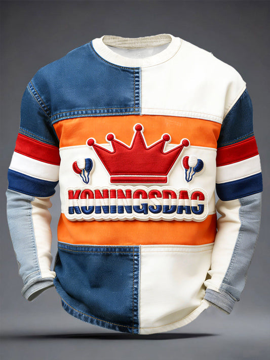 Nederlandse Koningsdag denim patchwork print T-shirt met lange mouwen
