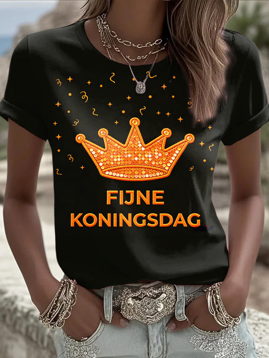 Dames Zwarte Nederlandse Koningsdag Reeks print Casua T-shirt