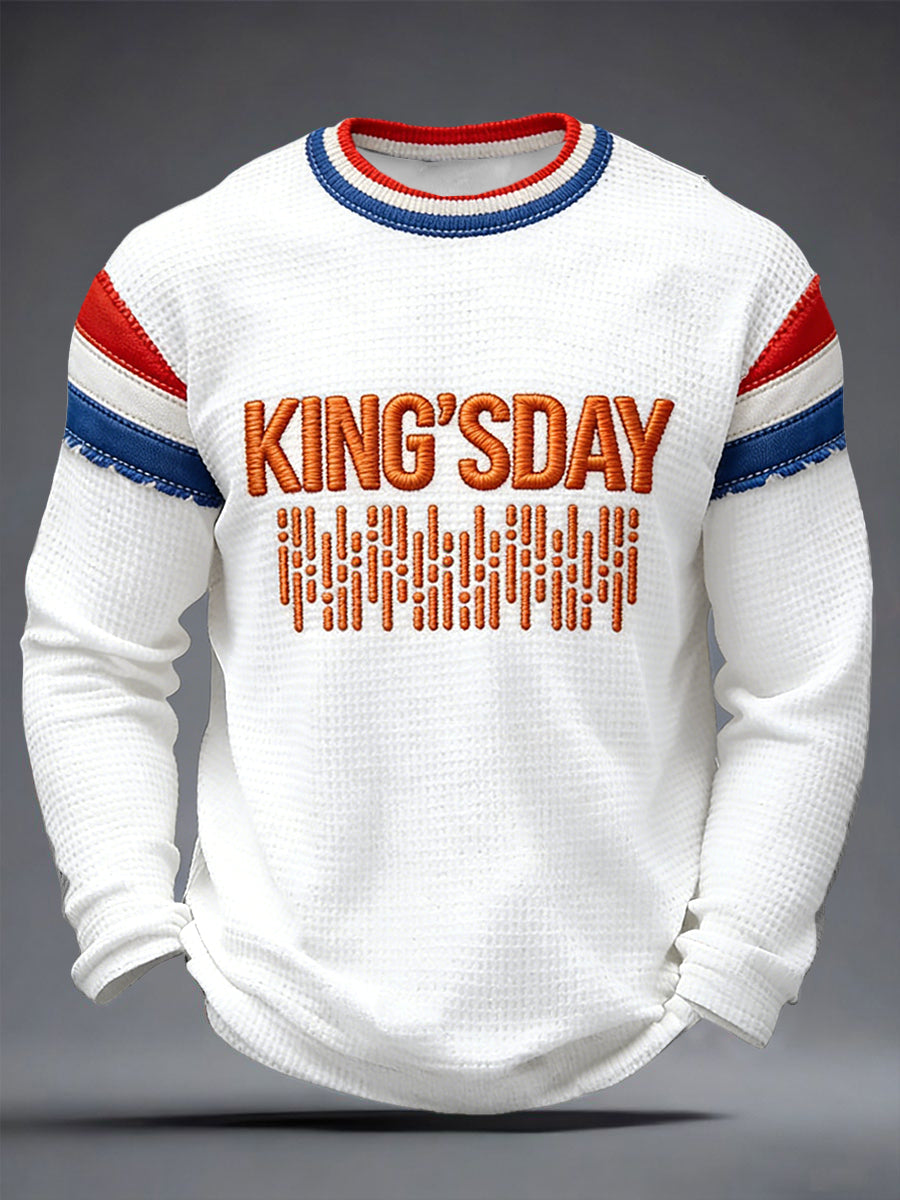 Nederlandse Vlag voor Heren Koningsdag Patchwork Print Waffle Weave T-shirt met lange mouwen