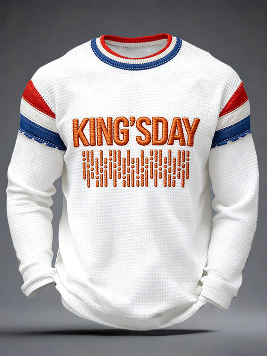 Nederlandse Vlag voor Heren Koningsdag Patchwork Print Waffle Weave T-shirt met lange mouwen