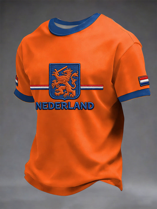 Retro Nederlandse Koningsdag Leeuw Embleem Patchwork Casual T-shirt