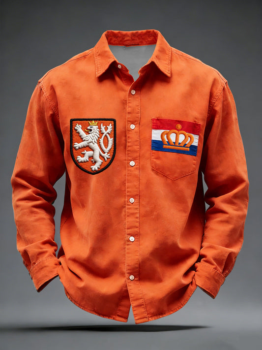Retro Nederlandse Koningsdag Vlag Embleem Casual Shirt