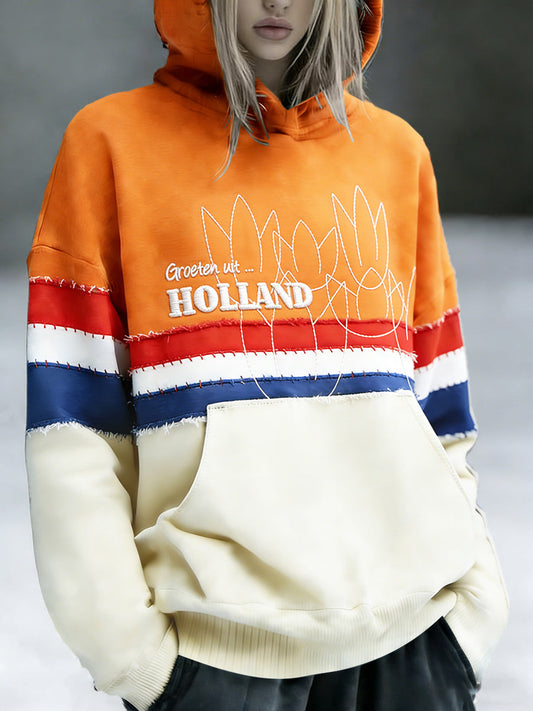 Nederlandse Vlag voor dames Koningsdag bloemenpatchwork print sweatshirt met capuchon