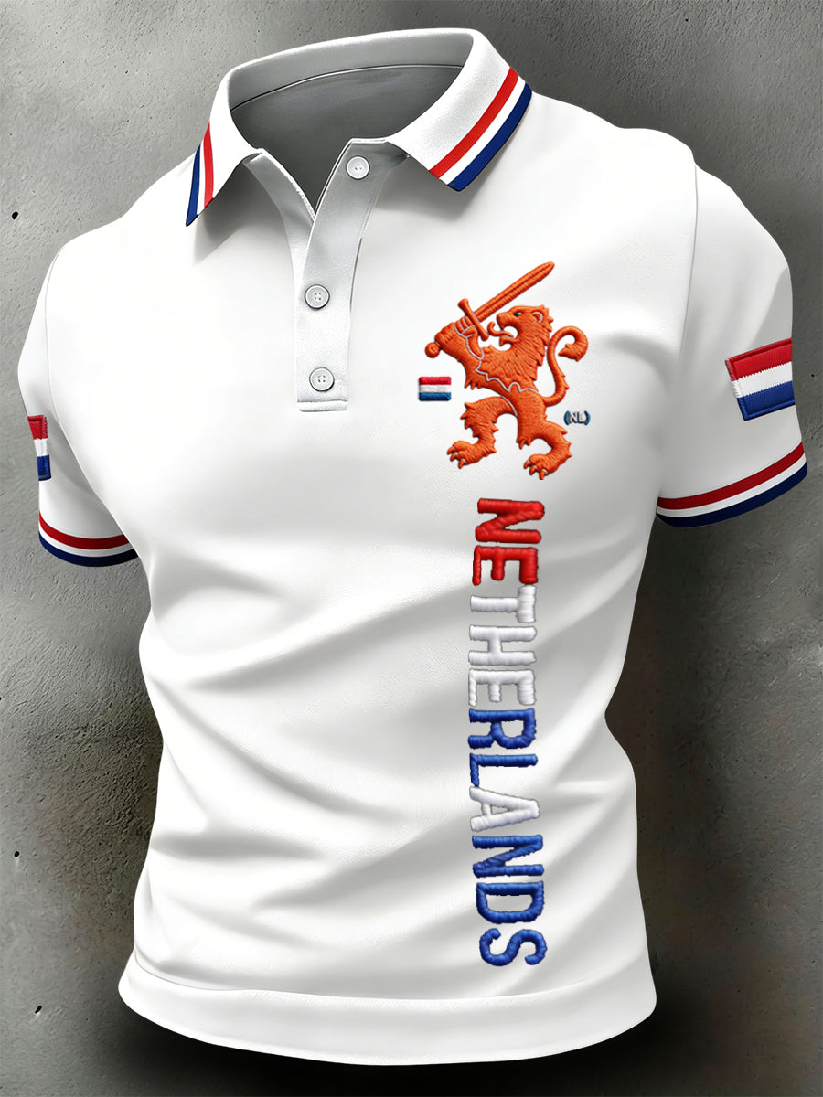 Retro Nederlandse Koningsdag Leeuw Embleem Casual Poloshirt