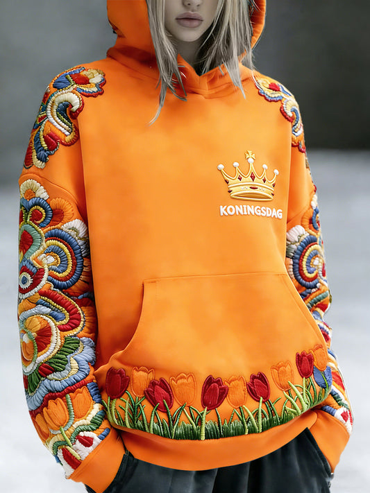 Dutch Koningsdag geborduurd bloemenprint sweatshirt met capuchon