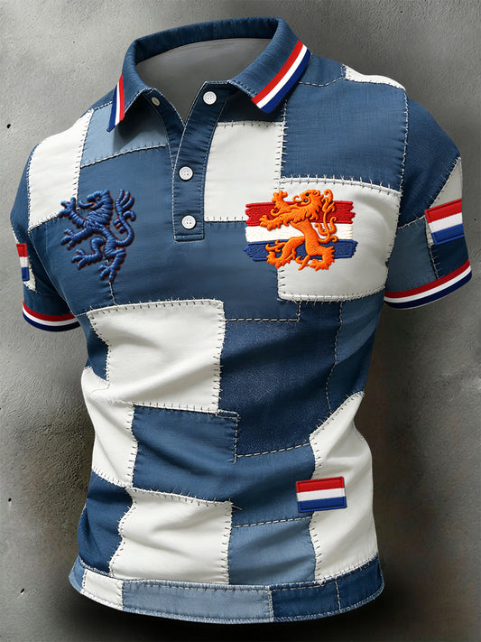 Retro Nederlandse Koningsdag Leeuwenteken Patch Casual Poloshirt
