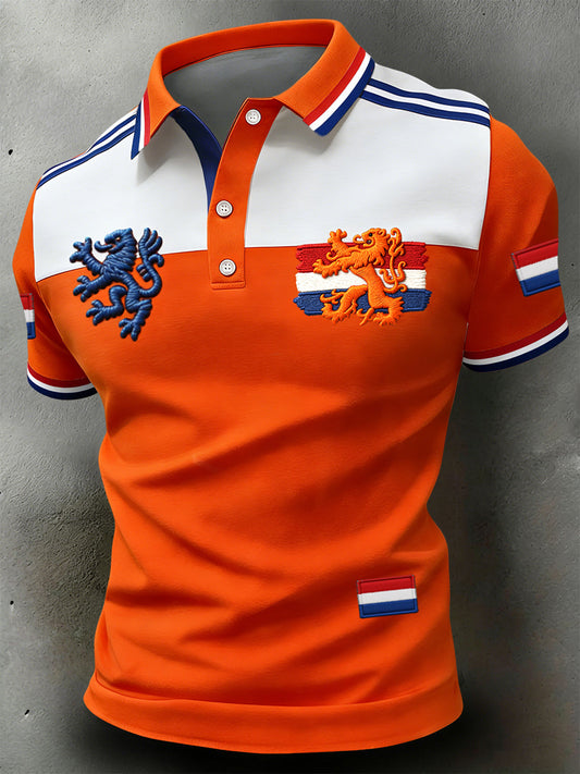 Retro Nederlandse koningsdag patchwork casual poloshirt