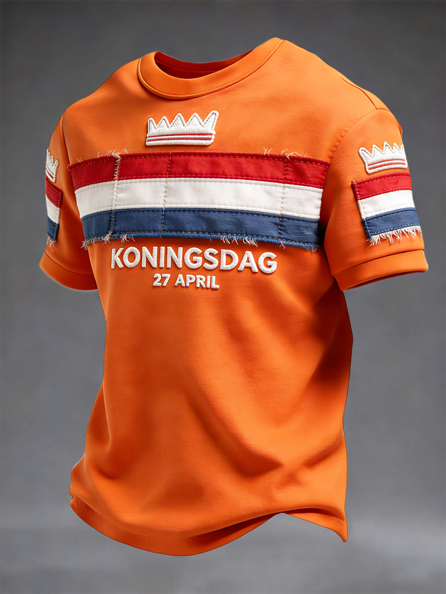 Heren Nederlandse Vlag Koningsdag Patchwork Print Casual T-shirt