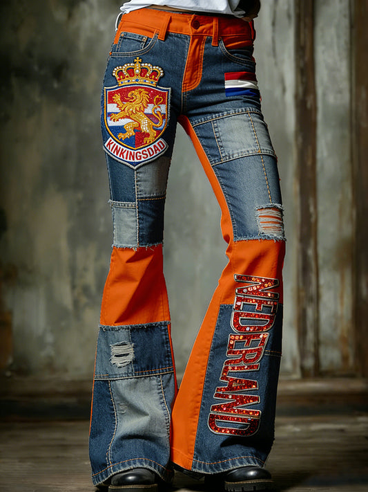 Damesbroeken in vintagestijl met uitlopende pijpen voor de Nederlandse Koningsdagviering