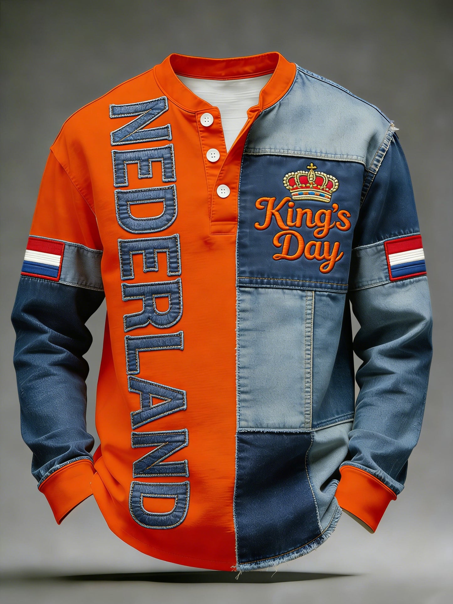 Heren T-shirt voor Koningsdag met print en V-hals, lange mouwen