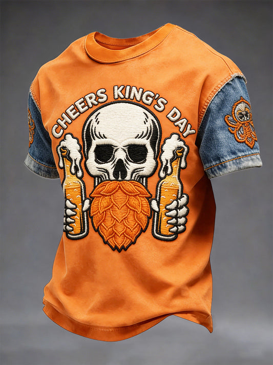 Heren Nederlandse Koningsdag Skull Print Casual Patchwork T-shirt