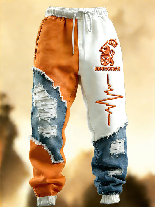 Hollandse koningsdag denim patchwork print casual broek