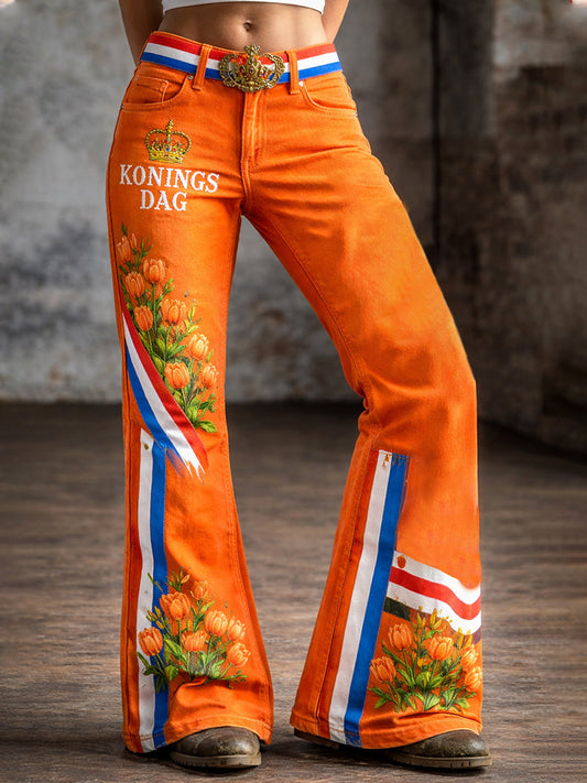 Damesbroeken in vintagestijl met uitlopende pijpen voor de Nederlandse Koningsdagviering