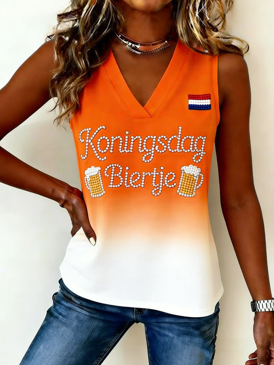 Damesvest met Nederlandse koningsdag-herdenkingskunstprint